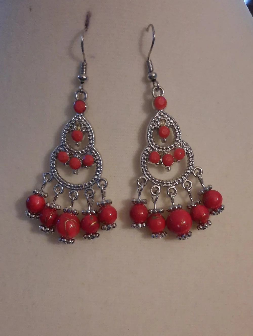 Fashion Jewelry Silver-Tone Red Bead Chandelier Earrings